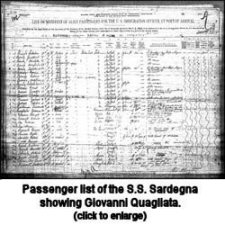 S.S. Sardegna passenger list showing Giovanni Quagliata, 1904.