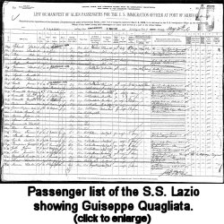 Passenger list of the S.S. Lazio showing Guiseppe Quagliata, 1906.