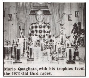 Mario Quagliata and his 1973 pigeon trophies.